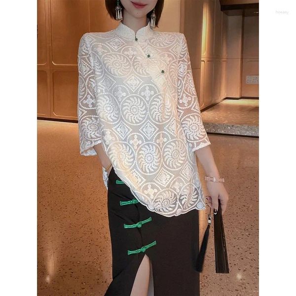 Blouses pour femmes 2023 Amélioration de la mode d'été Costume Tang Chinois Col debout Blanc Brodé Style Fée Chemise de tempérament doux