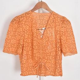 Blusas de mujer 2023 moda de verano Simple naranja cordón plisado cuello en V hueco encaje camisa de mujer