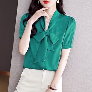 Women's Blouses 2023 Summer Fashion Women Blouse Elegant V-Neck Bow Lace-Up Short Sleeve Striped Top Office Lady Formal Shirts
