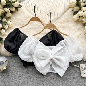 Blouses pour femmes 2023 été mode femmes français arc à manches courtes hauts Sexy col en V blanc noir chemises Blouse Blusas Rojas Mujer E568