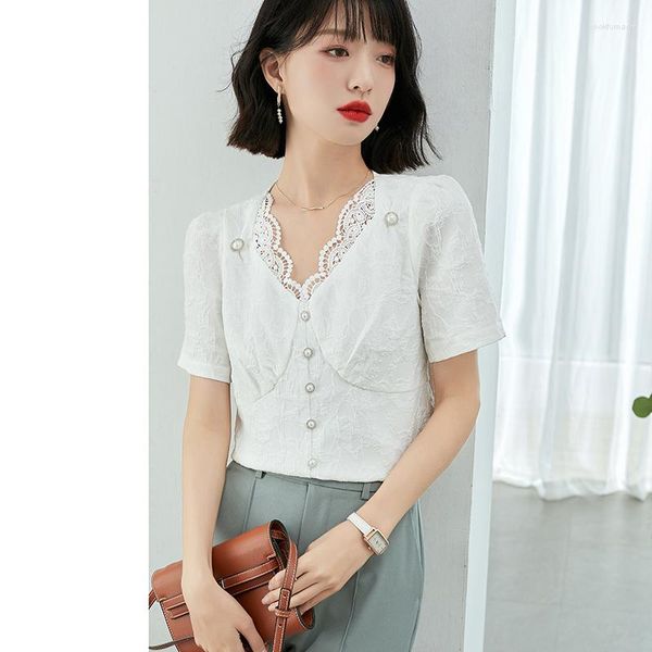 Blusas para mujeres 2023 Summer French Fashion Simple Vintage Temperament All Match Lace Sweepes Short Women Shirts Top Z300