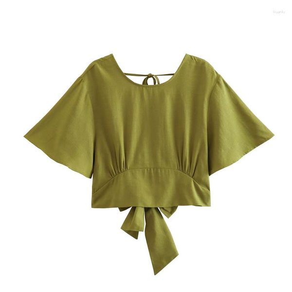 Blouses pour femmes 2023 été filles mode vert manches évasées hauts courts femme Chic dos nu laçage récolte femme solide évider haut court