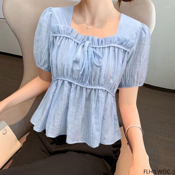Blusas de mujer 2023 verano Corea Chic Tops Blusas niñas cuello cuadrado FLHJLWOC diseño corto Peplum pajarita blanco