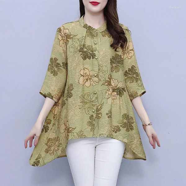 Blusas de mujer 2023 Verano Madres de mediana edad Moda Elegante Gasa Mangas de siete puntos Sueltas Estampado de flores Mujeres Manga corta T91