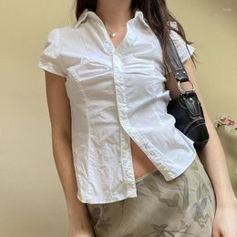 Women's Blouses 2023 Zomer geplooide Casual button shirt mode terug vat op korte mouw witte blouse dames slanke eenvoudige tops mujer 27985
