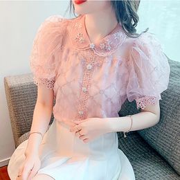 Blouses pour femmes 2023 Summer Puff Sleeve Femme Blouse chemise Fashion Broidered Beded Hollow Lace Short Top Blusas Vêtements