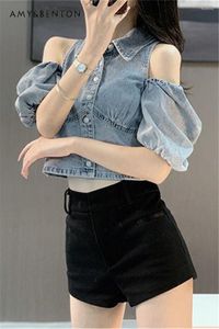 Vrouwen Blouses 2023 Zomer Sexy Off-the-Shoulder Blauw Denim Shirt Vrouw Retro Koreaanse Stijl Korte Mouw Blouse vrouwelijke Tops Blusa Feminina