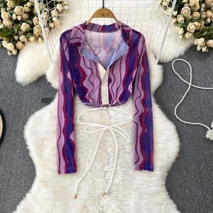 Dames Blouses 2023 Zomer Sexy See Through Mesh Kort Shirt Casual Kraagvorm Lange mouw Gestreepte Print Single Breasted Slim Crop