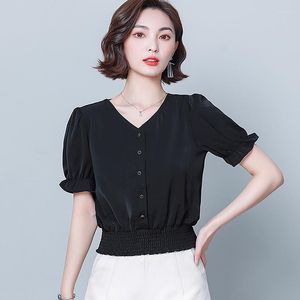 Blusas de Mujer 2023 verano camisa de gasa de manga corta Mujer Chemise Femme abotonada Casual suelta negro TopsBlusas Camisas Mujer