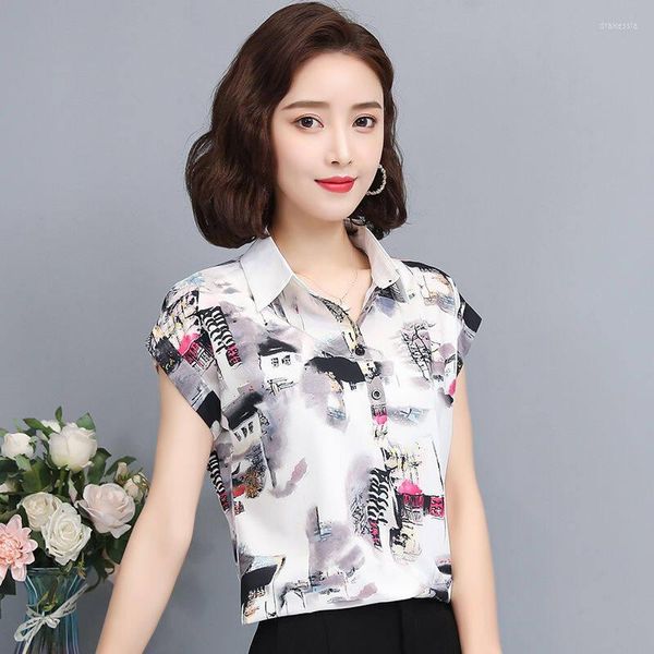 Blouses pour femmes 2023 été à manches courtes femmes Blouse imprimé en mousseline de soie col rabattu chemise coréenne casual ample dame haut
