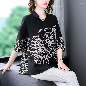 Dames Blouses 2023 Zomer Zijde Korte Mouwen Bloemenprint Shirt Losse Grote Bedekkende Buik Top V-hals Vleermuis Mouw Slanke T-shirt Voor Vrouwen