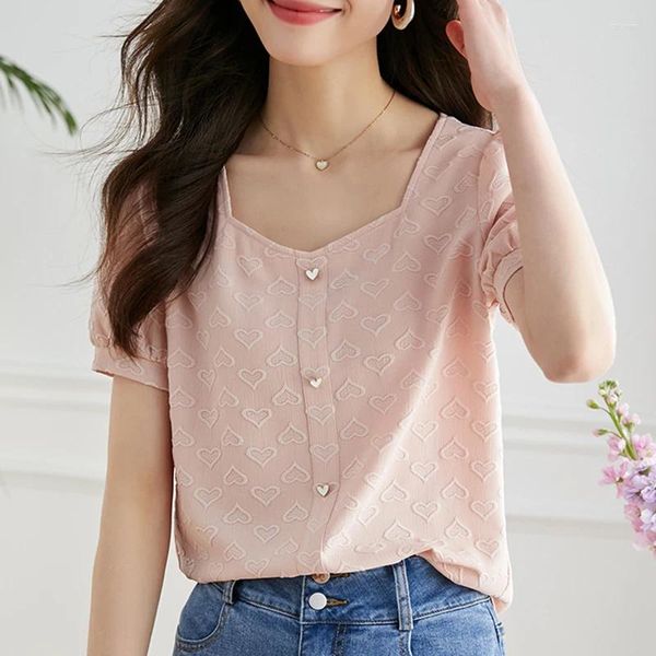 Blouses Femmes 2023 Été Col Carré Blouse Rose Pour Femmes Mode Coréenne Vêtements Pour Femmes Chemises À Manches Courtes Femmes Tops Camisas E