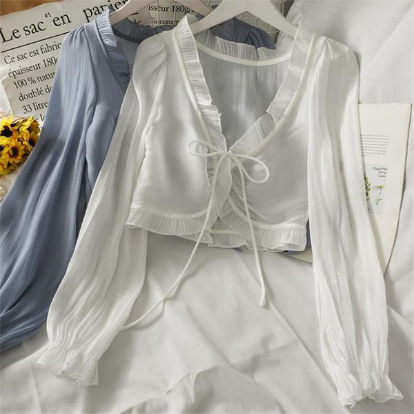 Blouses pour femmes 2023 été crème solaire vêtements à volants Kimono Cardigan femmes blanc en mousseline de soie Blouse mode coréenne à lacets chemise haut court