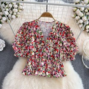 Blouses pour femmes 2023 été col en V imprimé femmes coréen Chic bouffée à manches courtes femmes chemises Vintage bureau dame culture Blusas Mujer