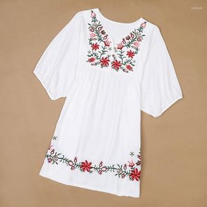 Blusas de mujer 2023 verano Vintage mujer étnica mexicana Floral tamaño suelto camisa Tops Hippie Boho algodón largo mujer blusa bordada