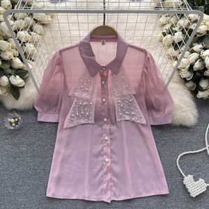 Vrouwen Blouses 2023 Zomer Polo Hals Kralen Losse Gaas Shirt Office Lady Single-Breasted Bladerdeeg Korte Mouw Zwart Wit tops