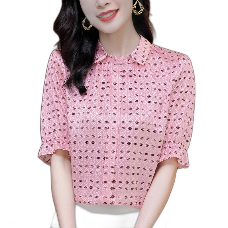 Women's Blouses 2023 Summer Women's Vintage Shirt Half Flare Sleeve Elegant Shirts For Women Print Tops Real Silk Woman Satin Blouse