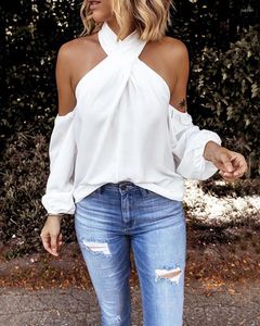 Women's Blouses 2023 Zomer Women Crisscross Halter Cold Shoulder Casual Femme Solid Long Sleeve Top Lady Daily Street Wea