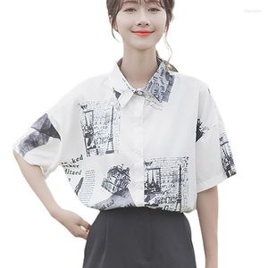 Women's Blouses 2023 Zomer dames shirt korte mouw Girly bloemen afdrukken Turn Collar Tops vrouwelijke kleding camisas mujer 14 kleur