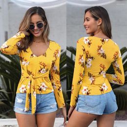 Blusas de mujer 2023 verano amarillo azul rosa flor cuello en V camisa de manga larga corbata frontal Boho Top Wrap Floral blusa mujer Blusas femeninas C20