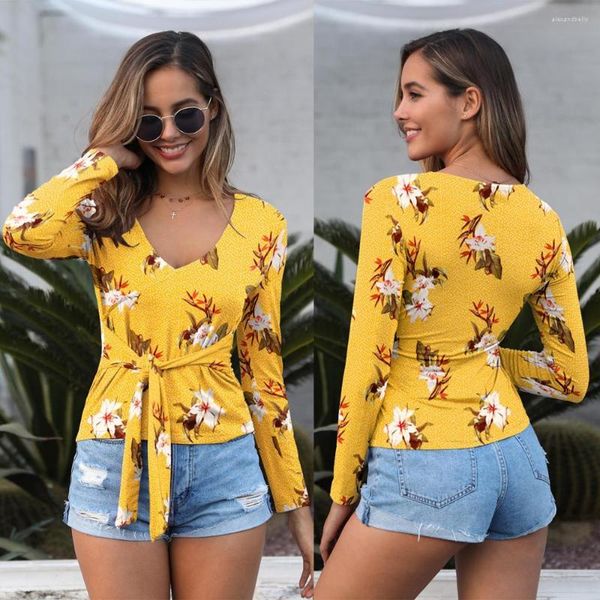 Chemisiers pour femmes 2023 été jaune bleu rose fleur col en V à manches longues chemise cravate devant Boho haut Wrap Floral Blouse femmes Blusas Feminina C20