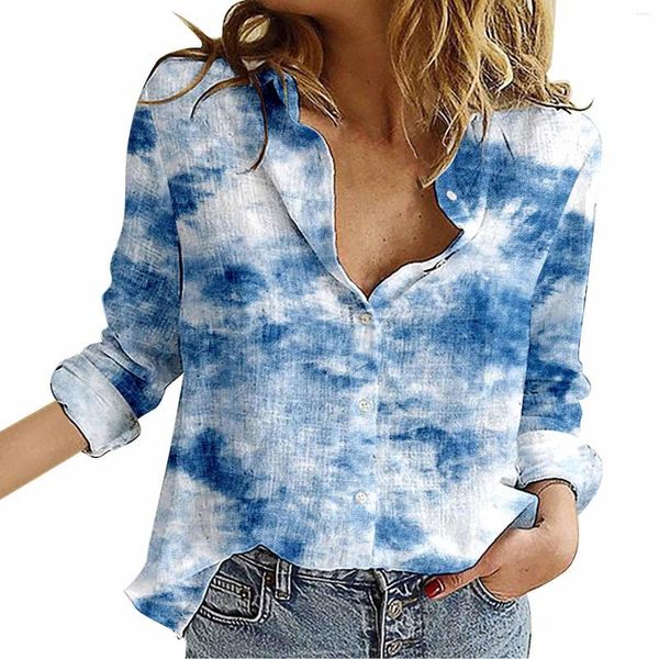 Blusas de mujer 2023 Tie Dye Camisas estampadas Mujer Camisa de manga larga con botones Tops Camisas Turn-Down Collar Blusa Feminina