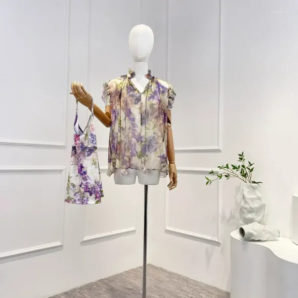 Blouses pour femmes 2023 Top qualité Crinkle Soie Violet Floral Impression Volants Volants Auto-Cravate Col Printemps Été Blouse Tout Assorti Pour