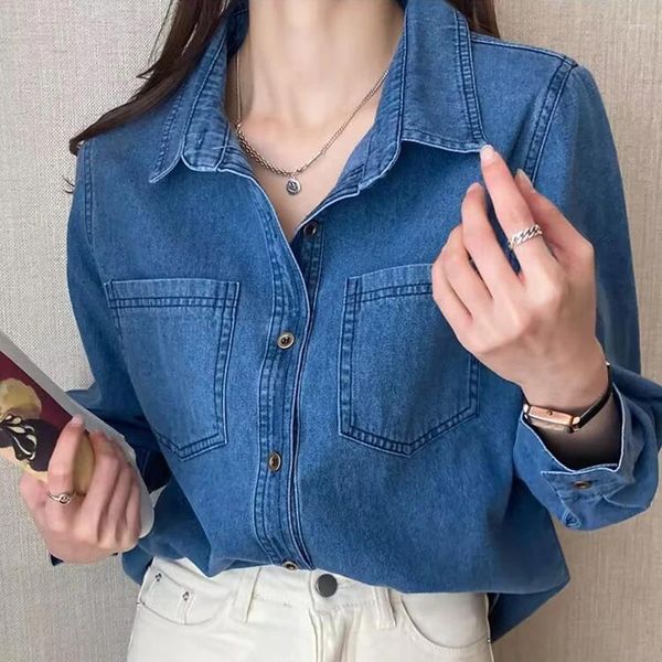 Blusas de mujer 2023 Camisa vaquera Vintage cuello vuelto bolsillos dobles Casual Jeans blusa señoras Tops primavera otoño Blusas