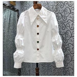 Chemisiers pour femmes 2023 Vintage bouffée bulle manches chemise boutonnée dame blanc Blouse femmes pointu col rabattu longue couverture en coton