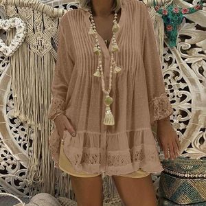 Blouses pour femmes 2023 femme ethnique décontracté en mousseline de soie Boho plage vacances Style Vintage lâche dentelle épissure à manches longues grande taille chemise