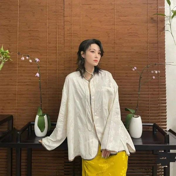 Blouses Femmes 2023 Femmes Automne Et Hiver Style Chinois Soie Coton Jacquard Chemise/Jaune Papillon Vague Bord Jupe