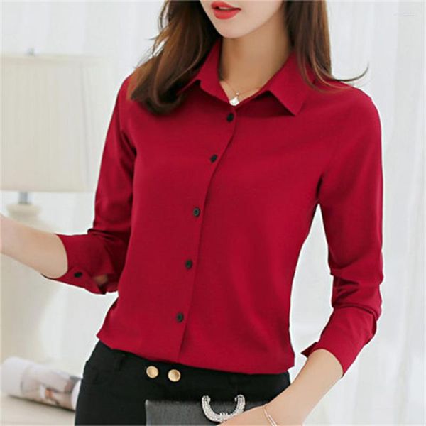 Blusas de mujer 2023 Blusa de mujer Camisa de oficina Verano Otoño Manga larga Blanco Rosa Rojo Azul marino Ropa de trabajo Tops formales coreanos Ropa femenina