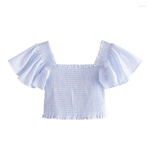 Damesblouses 2023 vrouwen blauw gestreepte elastische korte blouse sexy vierkante nek vliegende mouw zomer crop top zoete dames katoenen tops