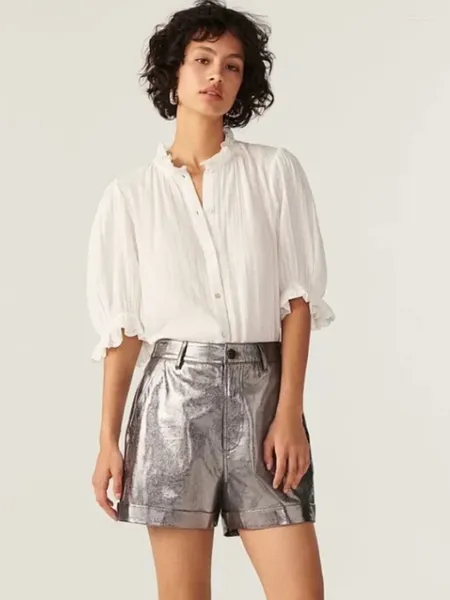 Blusas de mujer 2023, camisa de manga corta con encaje bordado para mujer, blusa blanca de algodón de estilo clásico dulce para mujer francesa