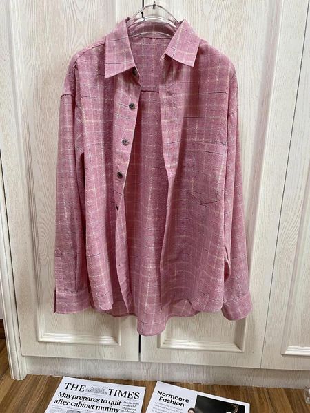 Blouses Femmes 2023 Femmes Mode À Manches Longues Sexy Rétro Gomme Rose Fil Plaid Silhouette Petit Haut 0826