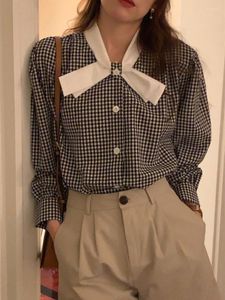 Women's Blouses 2023 Vrouwen Spring Zomer Zward Witte Plaid Bow Dames losse elegant shirt Koreaanse casual top camisas y blusas