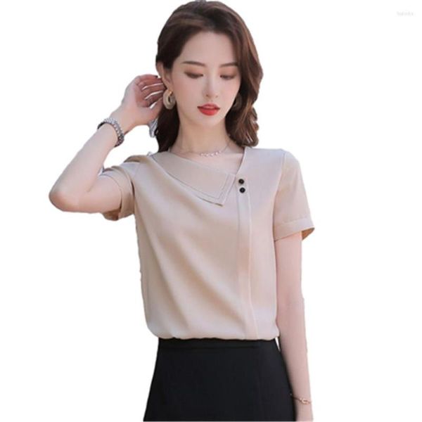 Blusas de mujer 2023, camisas de chifón de estilo Primavera Verano para mujer, Blusas informales de manga corta con cuello asimétrico para mujer, Tops PZ3741