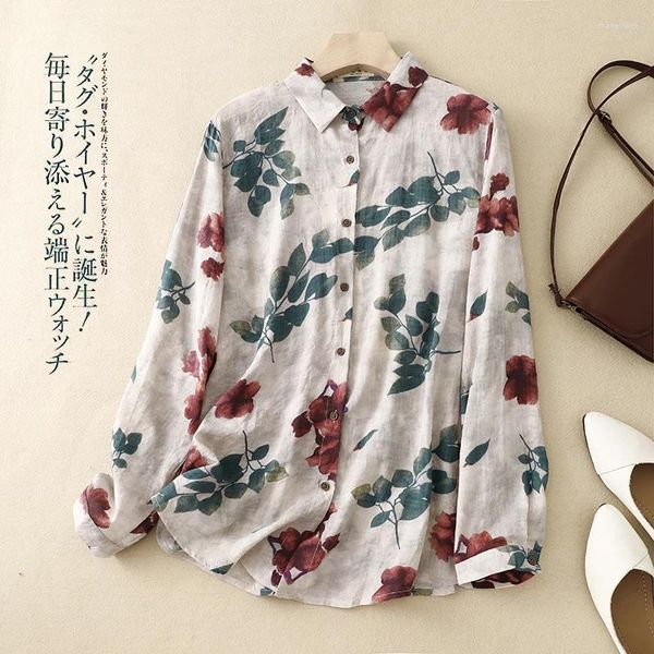 Blouses pour femmes 2024 Arrivée Imprimer Floral Mince Lumière À Manches Longues Coton Lâche Été Automne Blouse Chemises Mode Femmes Casual Printemps