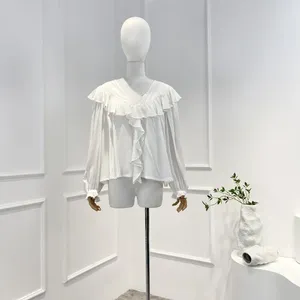 Blouses pour femmes 2024 arrivées derniers volants Patchwork plissé à manches longues blanc col en v Blouse femmes hauts