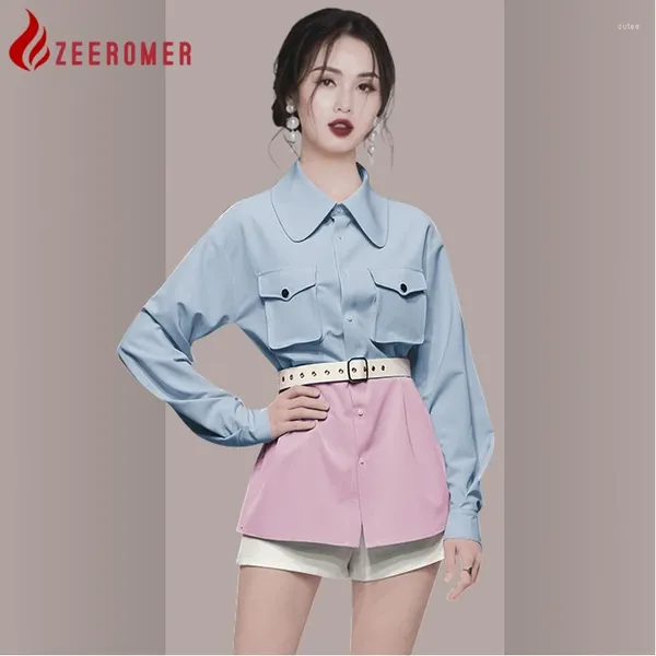 Blusas para mujeres 2024 Autumn Fashion Blue Pink Hit Color Long Blouse Lapas Manga de una sola mosaico Patchwork Chic Camiseta suelta Tops