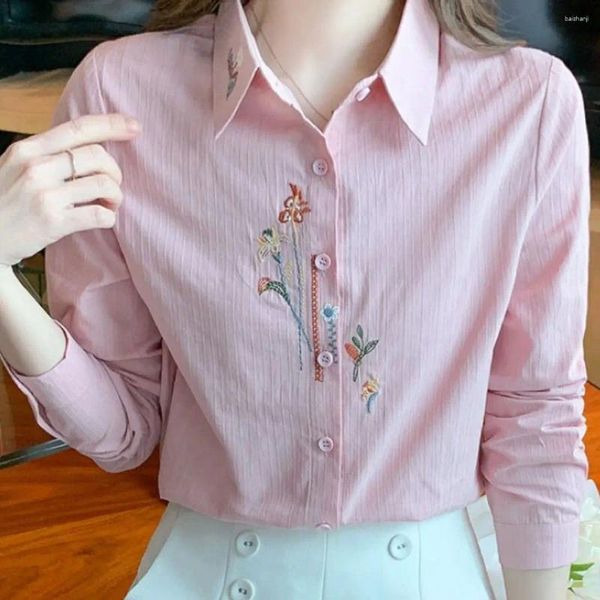 Blusas de mujer, moda de otoño 2024, camisas de algodón puro, blusa de manga larga bordada para mujer, Top rosa y blanco