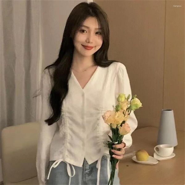 Blusas para mujeres 2024 Autumn Mujeres coreanas Spring manga larga V Camisa de encaje de cuello Elegante Ladilla Slim Casual Blusa Moda de moda