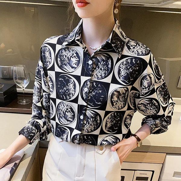 Blouses Femmes 2024 Automne Rétro Moderne Mode Dessin Animé Tête Imprimer Niche Conception À Manches Longues En Mousseline De Soie Chemise Top Femmes Blouse Élégante