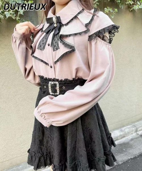 Blouses pour femmes 2024 Chemise d'automne chemises simples japonaises Rojita Lolita Mine à ébauche Blouse de dentelle à l'épaule femme Sweet Bow Blusas