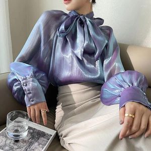 Blouses pour femmes 2024 Automne Vintage Satin Silk Shirt Fashion Blouse Fashion Elegant Turn Down Collar Femme White Long Manches Shirts