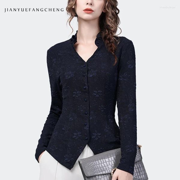 Blouses Femmes 2024 Automne Femmes À Manches Longues Bleu Jacquard Rétro Stretching Chemise Tricotée Élégante Slim Col En V Boutonné Lady Tops