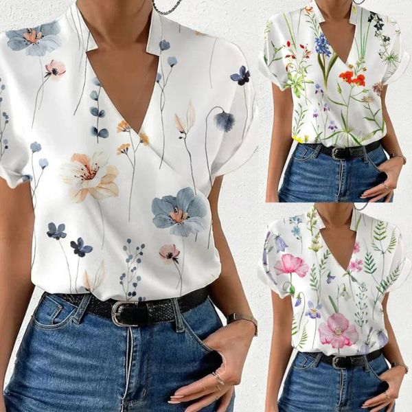 Blusas de mujer 2024 Blusa Mujer Estampado floral Adorno festoneado Camiseta Casual Cuello en V Manga corta Blusapring Ropa de verano