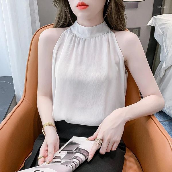 Blouses Femmes 2024 Blusas De Mujer Mode Chemisier Coréen Tempérament Dames Tops Été En Mousseline De Soie Femmes O-cou Sans Manches Chemises Blanches