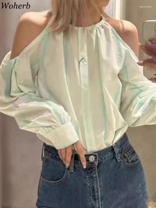 Blouses des femmes 2024 Blusas de Mujer Korean Sweet pour les femmes au large des épaules Stripe Shirts Loose Fashion Single Breasted Summer Tops