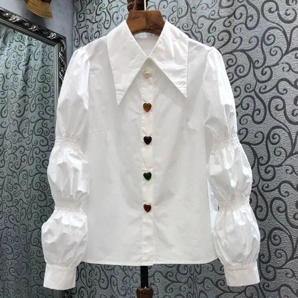 Blouses pour femmes 2024 Blusas Mujer De Moda manches bouffantes col pointu chemises lâches tempérament coréen dames hauts chemisier blanc pour les femmes